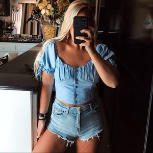 Blue puff sleeve off the shoulder crop top